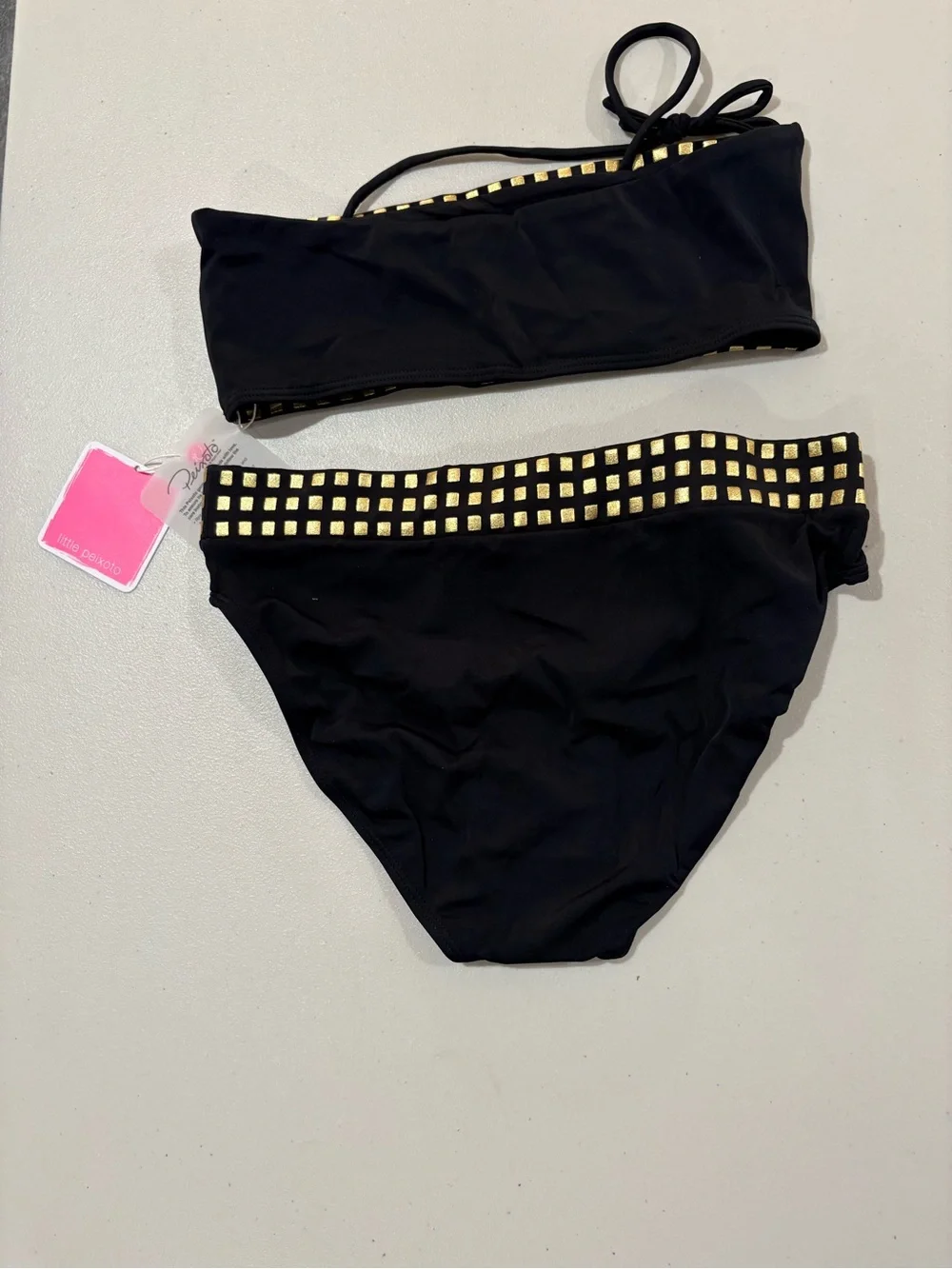 Peixoto Black Bandeau Bikini with Gold Square Studs